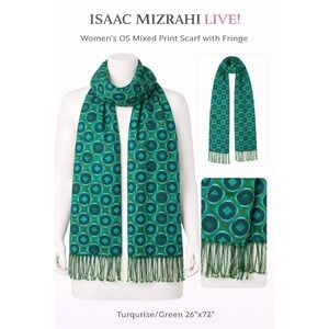 Isaac Mizrahi Live Womens Mixed Print Scarf Fringe Turquoise Green A235348 NWT